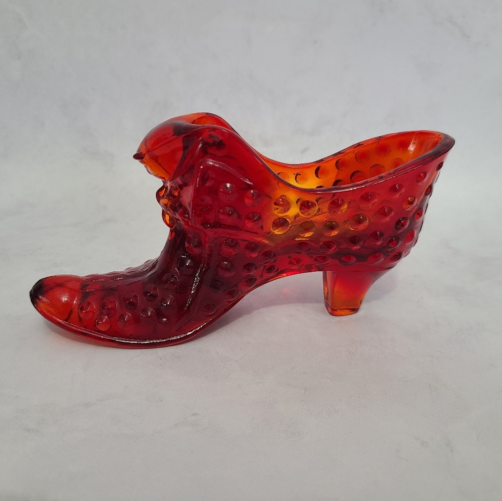 Vintage Fenton Glass Slipper in Amberina Hobnail Glass